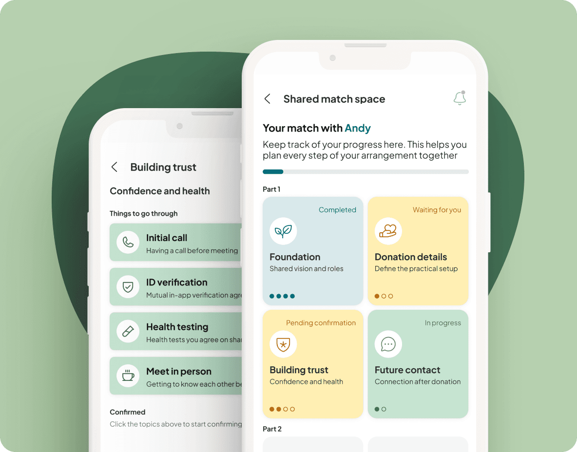 Y factor app showing the shared match space with progress tracking across donation topics